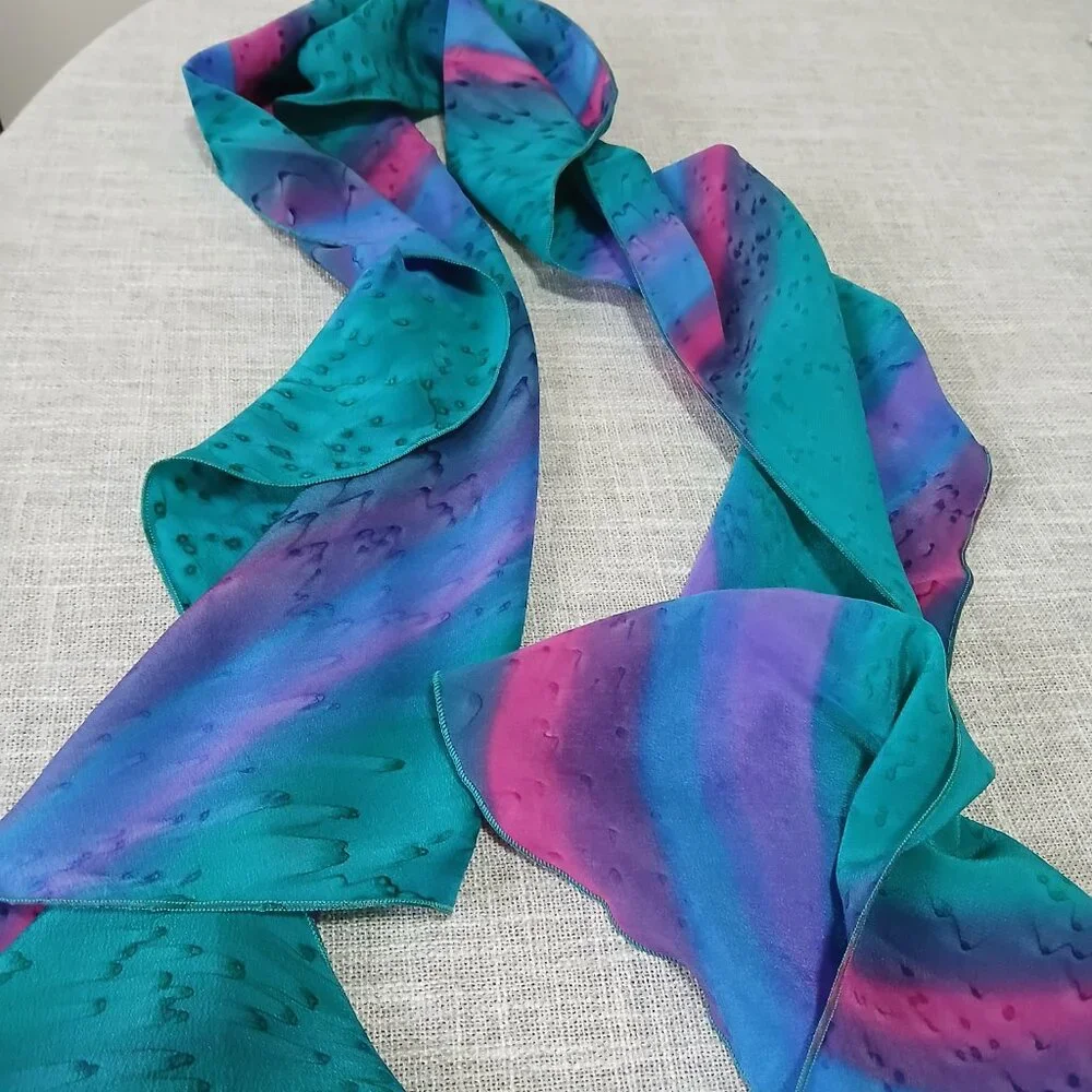 Kriska Swirl Scarf Hand Painted 100% Silk Teal Pink Purple and Blue - Picture 5 of 9